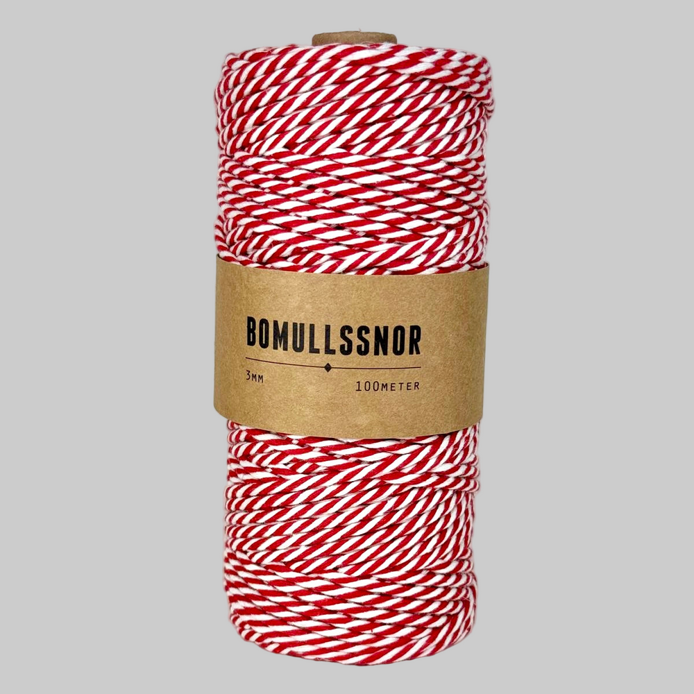 Bomullssnor ∙ 3 mm x 100 m ∙ Rød/Hvit